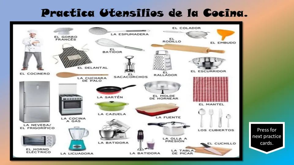 Spanish kitchen vocabulary chart with labeled pictures of a cook, apron, whisk, strainer, and cookware