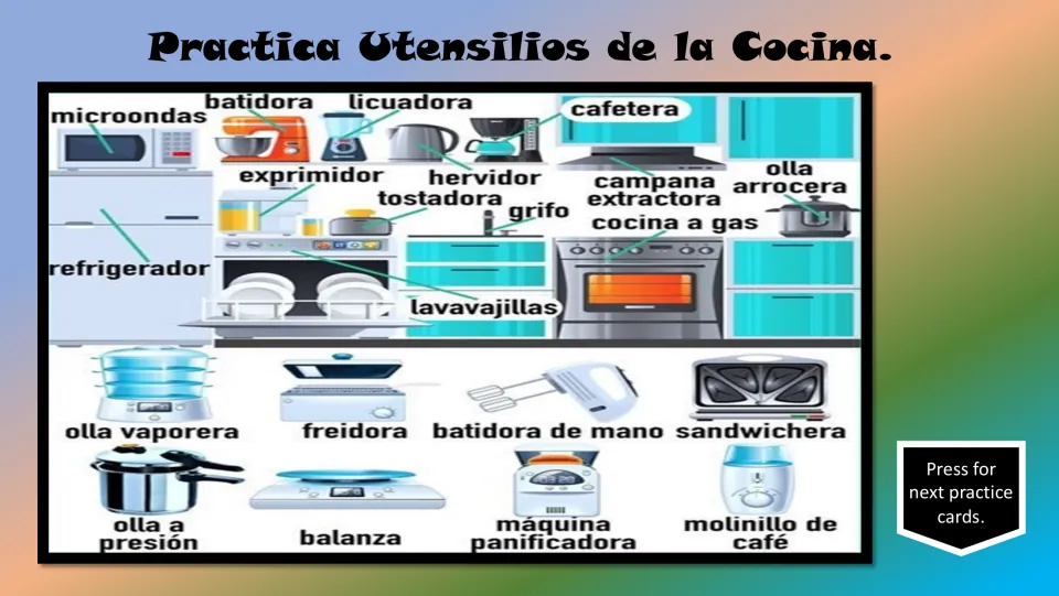 Spanish kitchen vocabulary chart labeling appliances, including a microwave, blender, rice cooker, and fryer