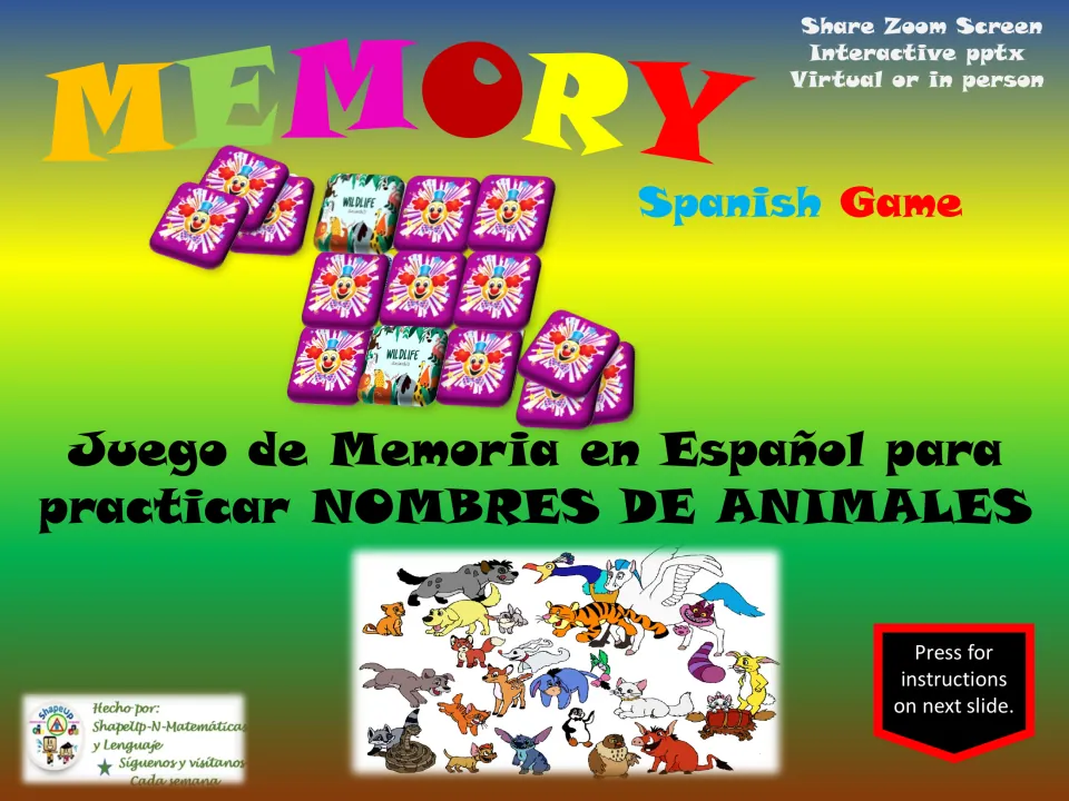 Spanish animal memory game cover introducing animal name practice for virtual or in-person PowerPoint play