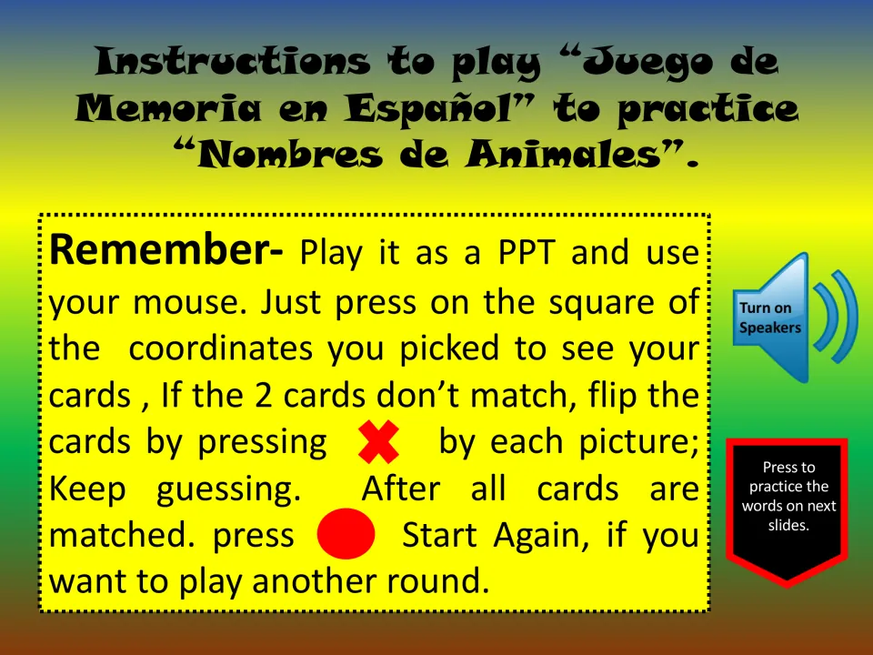 Memory game instructions: click to reveal cards, close unmatched pairs with X, and press Start Again to replay
