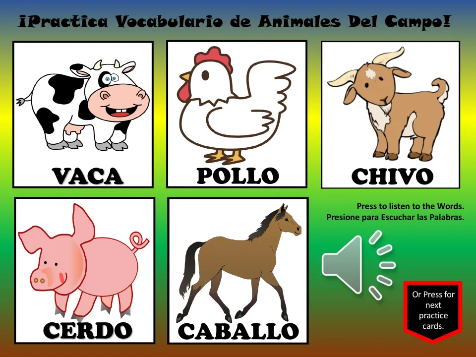 Spanish farm animal vocabulary slide: vaca (cow), pollo (chicken), chivo (goat), cerdo (pig), and caballo (horse)