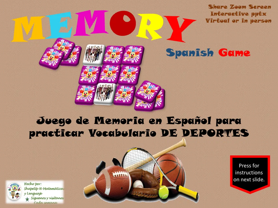 Cover of a Spanish sports vocabulary memory game for virtual or in-person play using an interactive PowerPoint