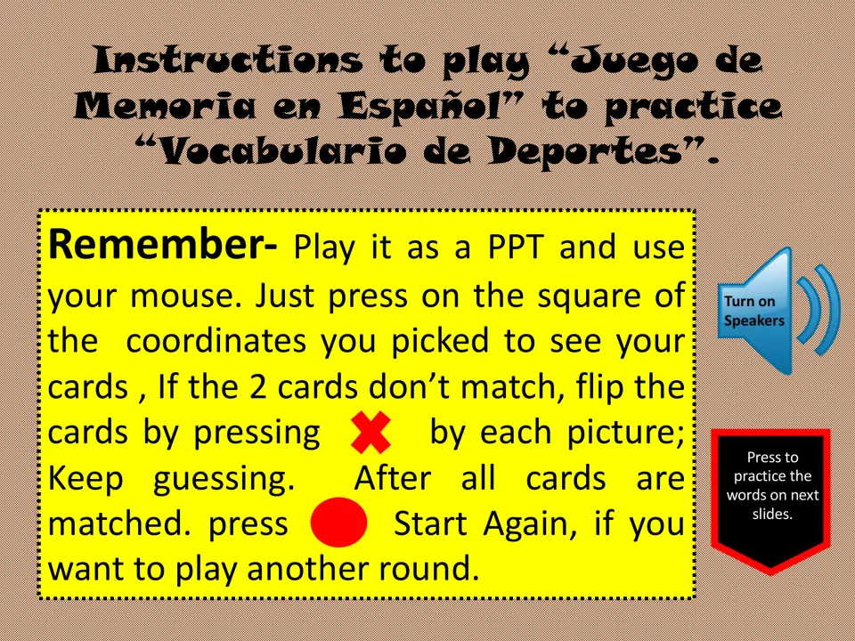 Memory-game instructions: click cards, close mismatches with X, and press Start Again after matching all cards