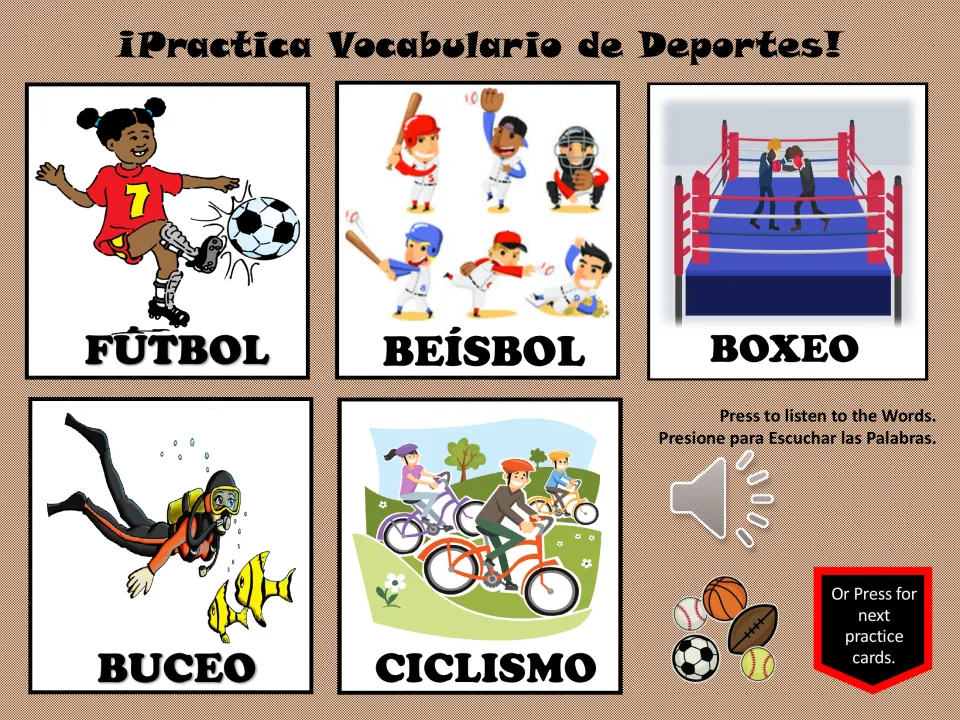 Sports practice slide 1: fútbol (soccer), béisbol (baseball), boxeo (boxing), buceo (diving), and ciclismo (cycling)