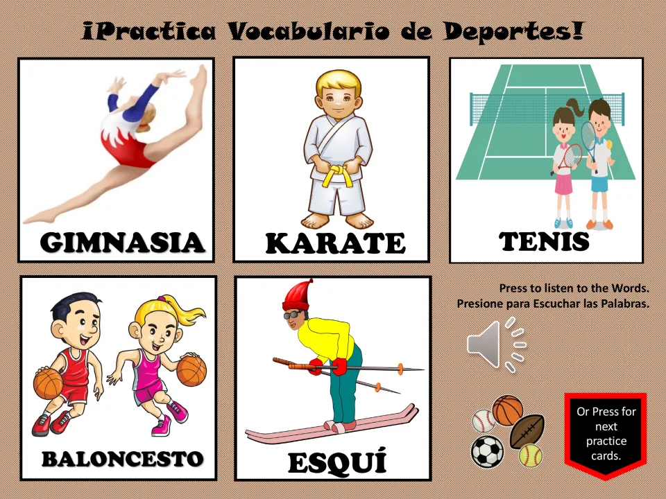 Sports practice slide 2: gimnasia (gymnastics), karate, tenis (tennis), baloncesto (basketball), and esquí (skiing)