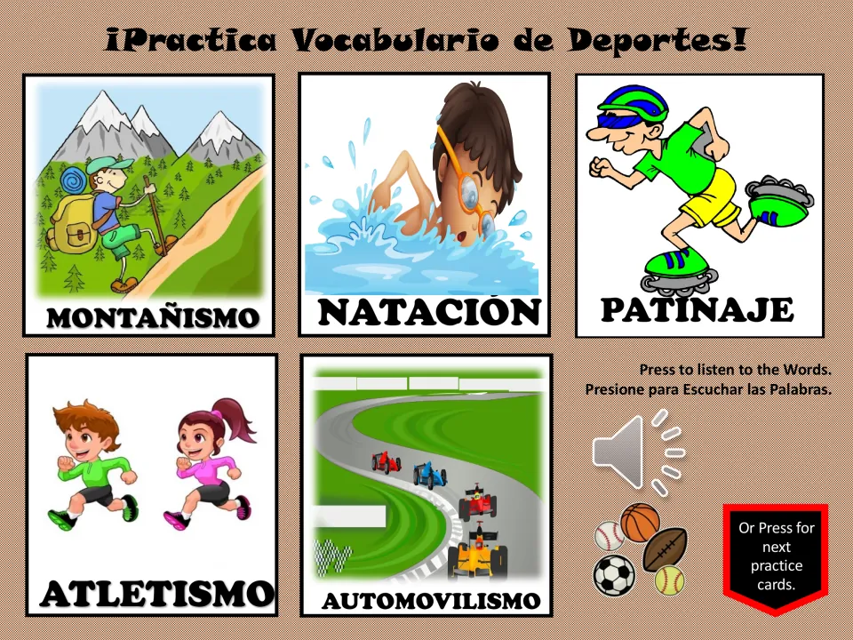 Sports practice slide 3: montañismo (mountaineering), natación (swimming), patinaje (skating), and two more