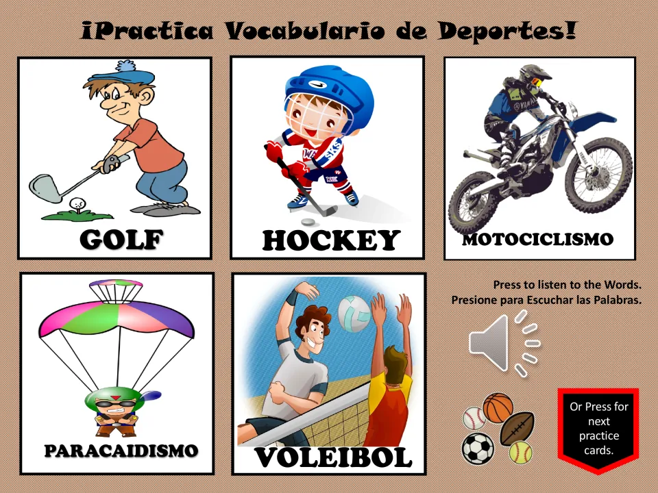 Sports practice slide 4: golf, hockey, motociclismo (motorcycling), paracaidismo (skydiving), and voleibol
