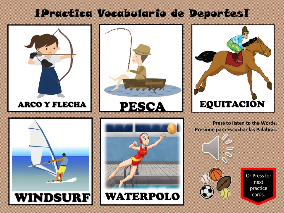 Sports practice slide 5: arco y flecha (bow and arrow), pesca (fishing), equitación (horseback riding), and two more