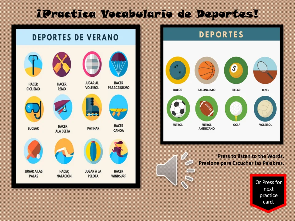 Spanish sports review: 12 summer activity pictures and eight sports pictures, including bolos (bowling)