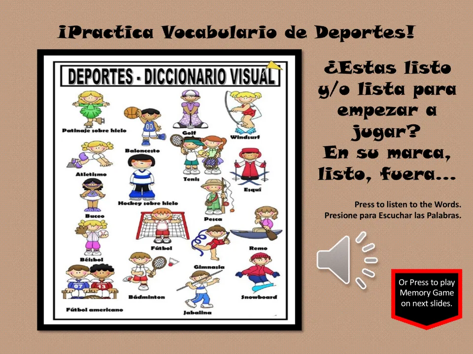Spanish sports visual dictionary with 18 labeled pictures, including bádminton (badminton) and jabalina (javelin)