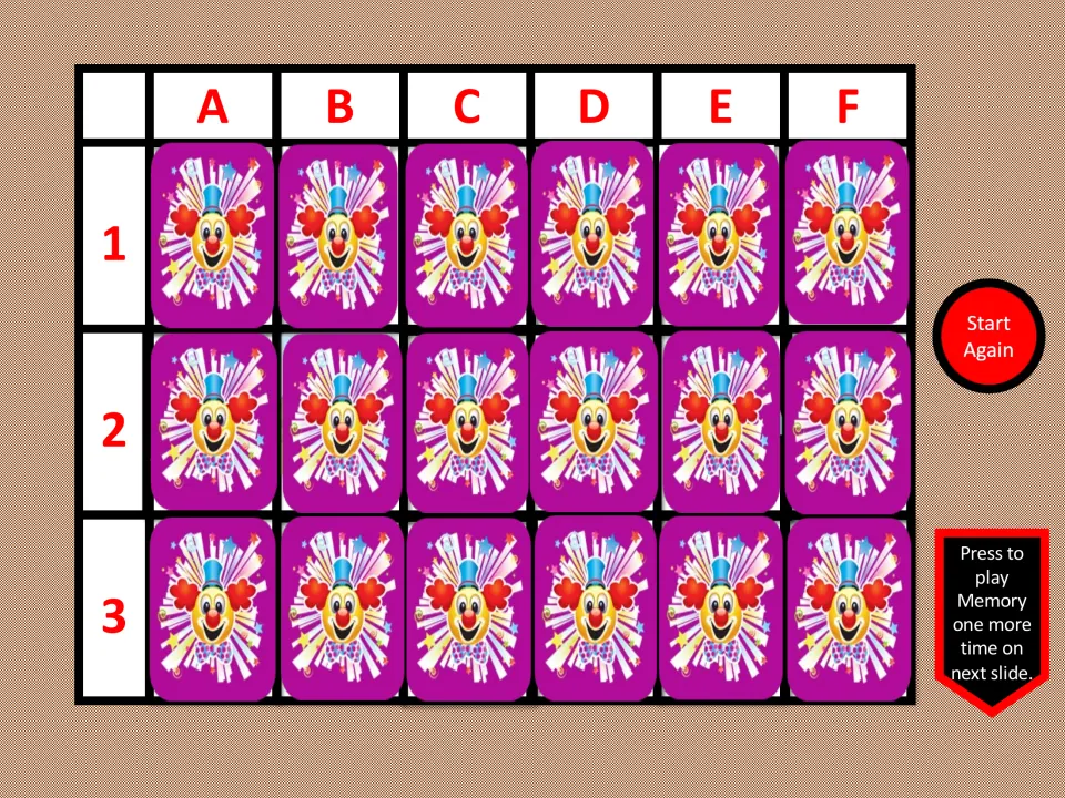 Memory-game board with 18 face-down cards selected by coordinates A–F and 1–3, plus a Start Again button