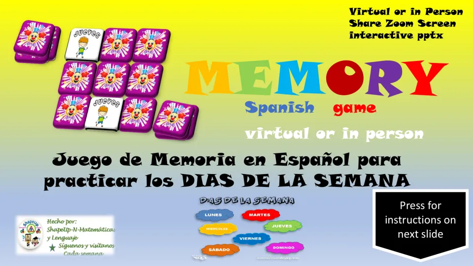 Cover of the Spanish days-of-the-week memory game for virtual or in-person play using an interactive PowerPoint