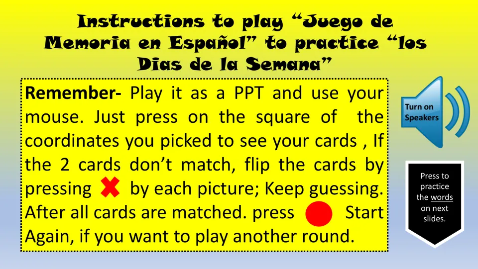 Memory game instructions: select cards by coordinates, flip mismatches back, and press Start Again to replay