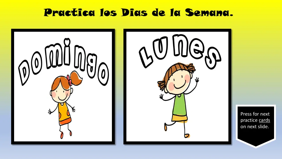 Spanish vocabulary practice cards 1–2 of seven: domingo (Sunday) and lunes (Monday), each paired with a child