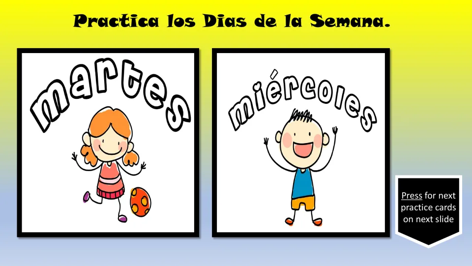 Spanish vocabulary practice cards 3–4 of seven: martes (Tuesday) and miércoles (Wednesday), with children