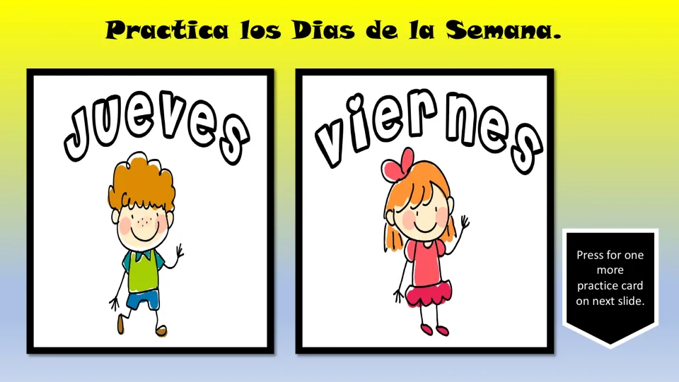 Spanish vocabulary practice cards 5–6 of seven: jueves (Thursday) and viernes (Friday), with children