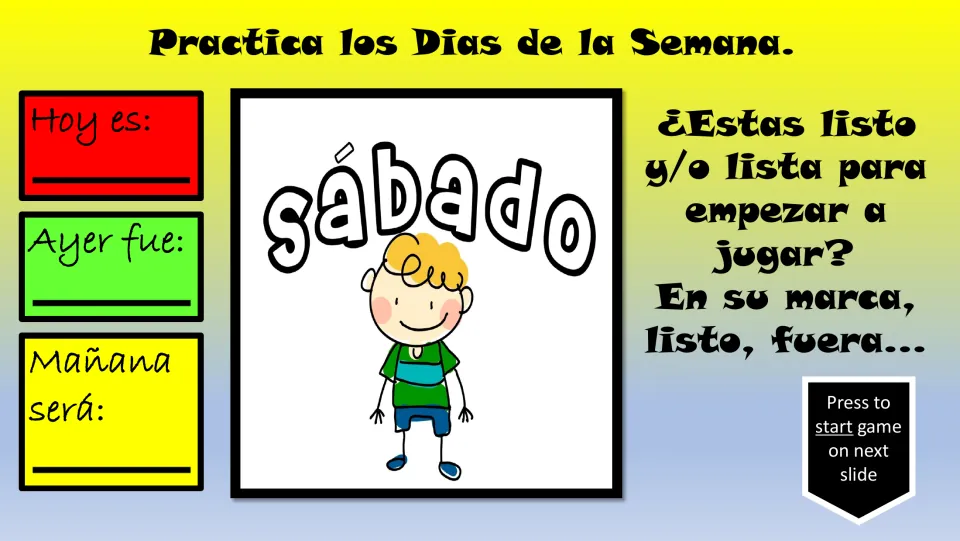 Final Spanish practice card: sábado (Saturday), with Hoy es, Ayer fue, and Mañana será calendar prompts