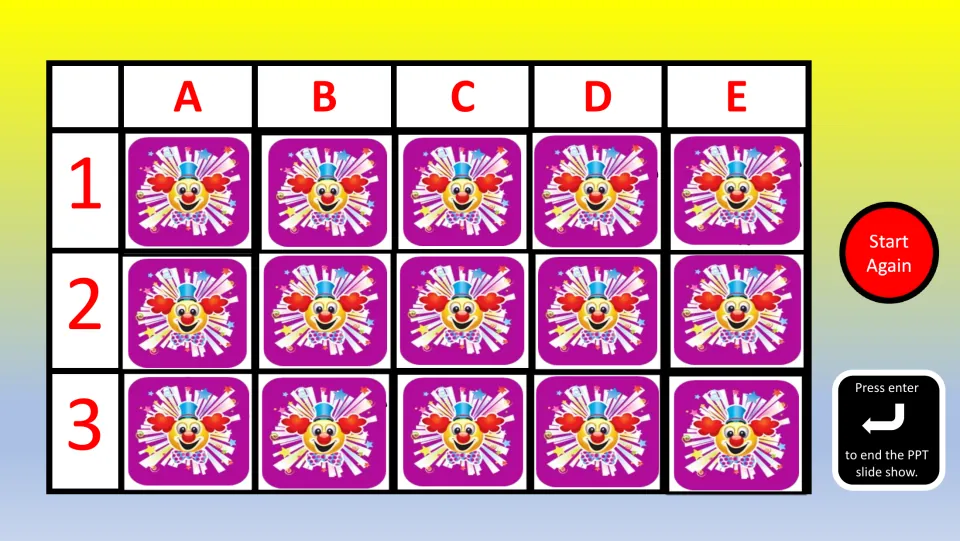 Spanish memory game board with 15 face-down cards, coordinates A1–E3, and a Start Again button