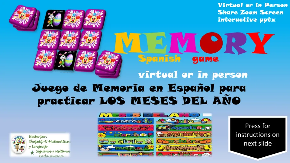 Spanish months memory game cover introducing Los Meses del Año (months of the year) for virtual or in-person play