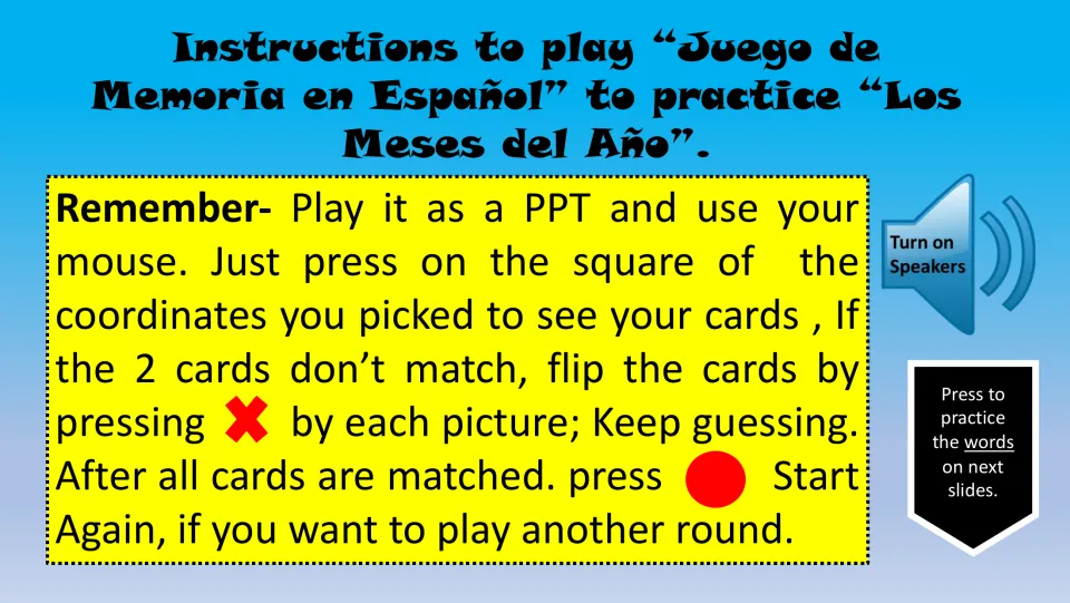 Memory game instructions: reveal two cards, flip nonmatches back using X, and press Start Again after matching