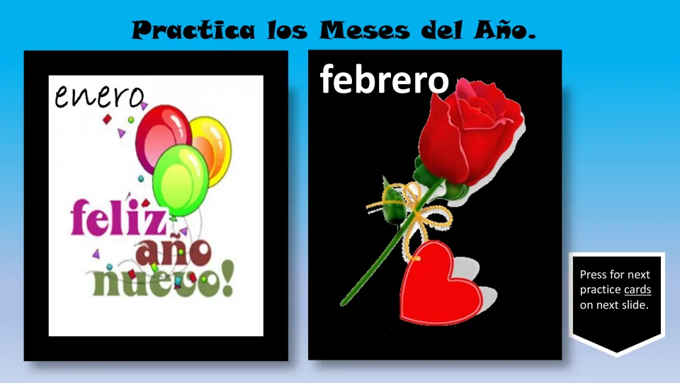 Spanish month review cards for enero (January) and febrero (February), showing New Year balloons and a rose