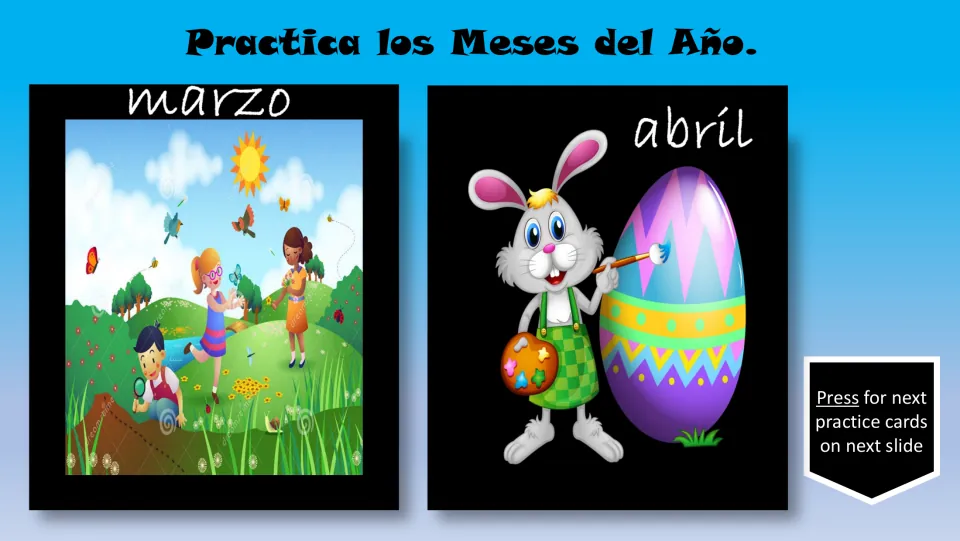 Spanish month review cards for marzo (March) and abril (April), showing children outdoors and an Easter bunny