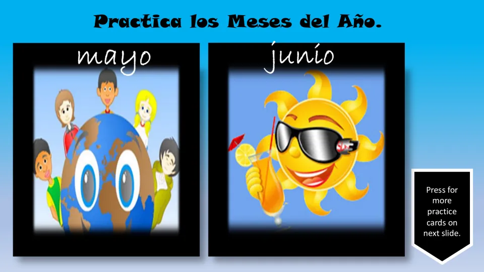 Spanish month review cards for mayo (May) and junio (June), showing children around Earth and a smiling sun
