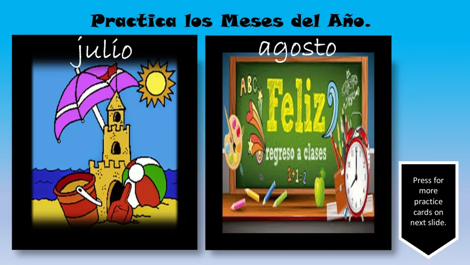 Spanish month review cards for julio (July) and agosto (August), showing beach toys and a back-to-school scene