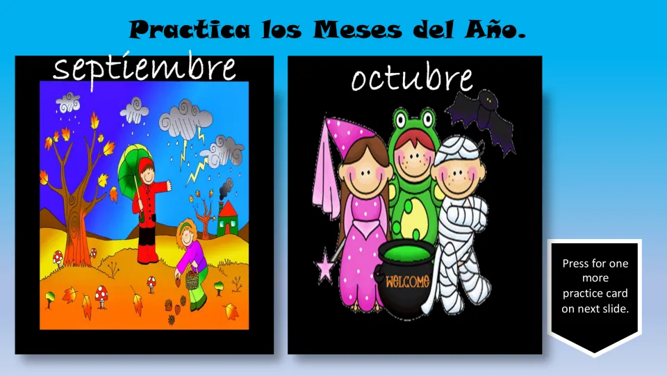 Spanish month review cards for septiembre (September) and octubre (October), showing fall weather and costumes