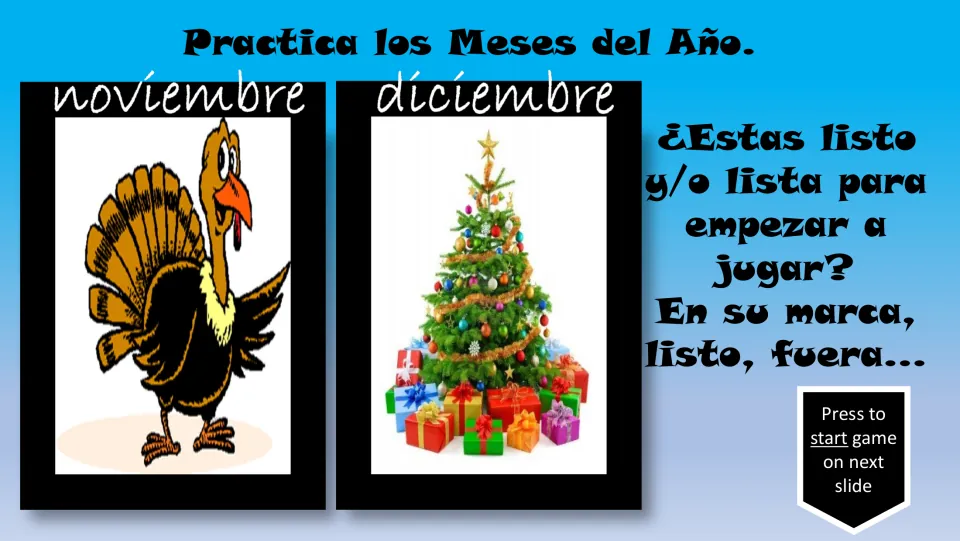Spanish month review cards for noviembre (November) and diciembre (December), showing a turkey and Christmas tree