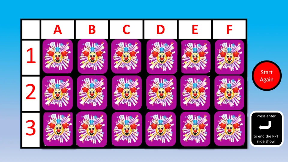 Spanish months memory game board with 18 face-down cards, coordinates A–F and 1–3, and a Start Again button