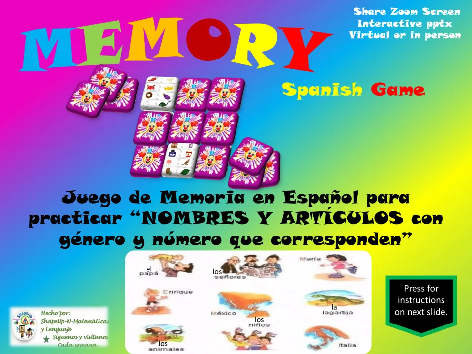 Spanish memory game cover introducing nouns and articles that agree in gender and number, with sample cards