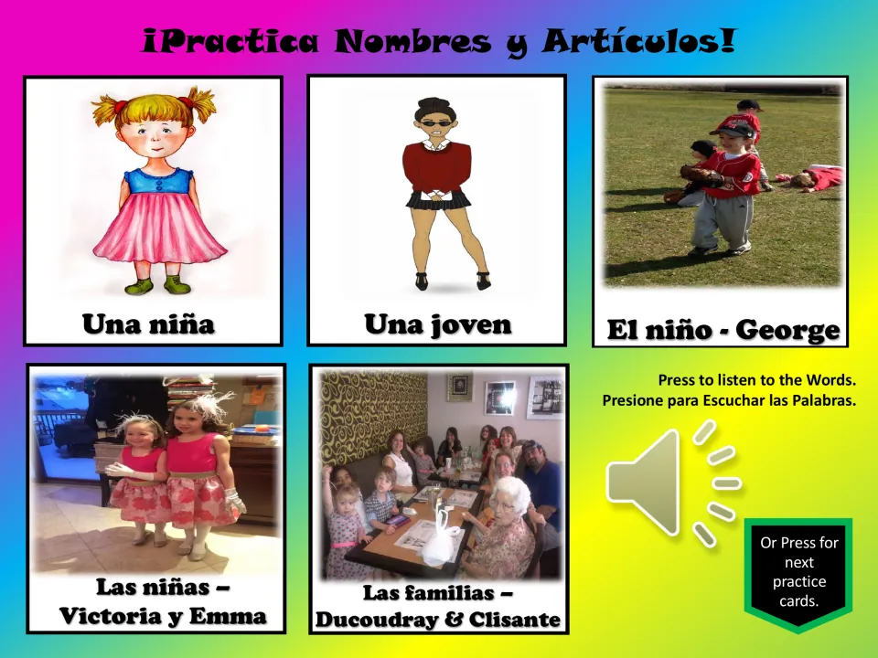 Five Spanish practice cards: una niña (a girl), una joven (a young woman), el niño, las niñas, and las familias
