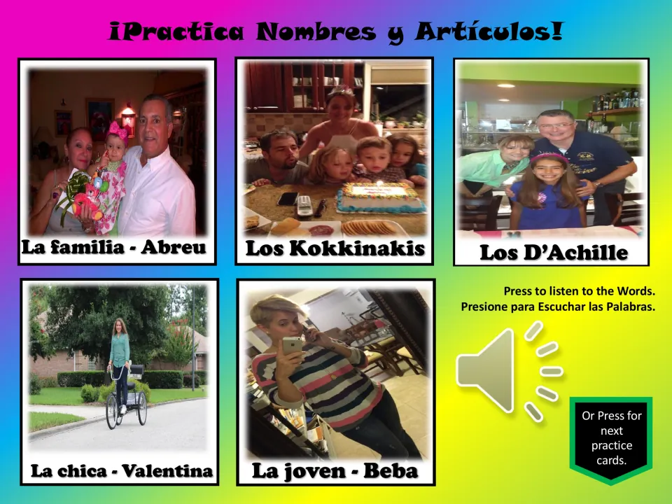 Five Spanish practice cards label the Abreu, Kokkinakis, and D’Achille families, plus la chica and la joven