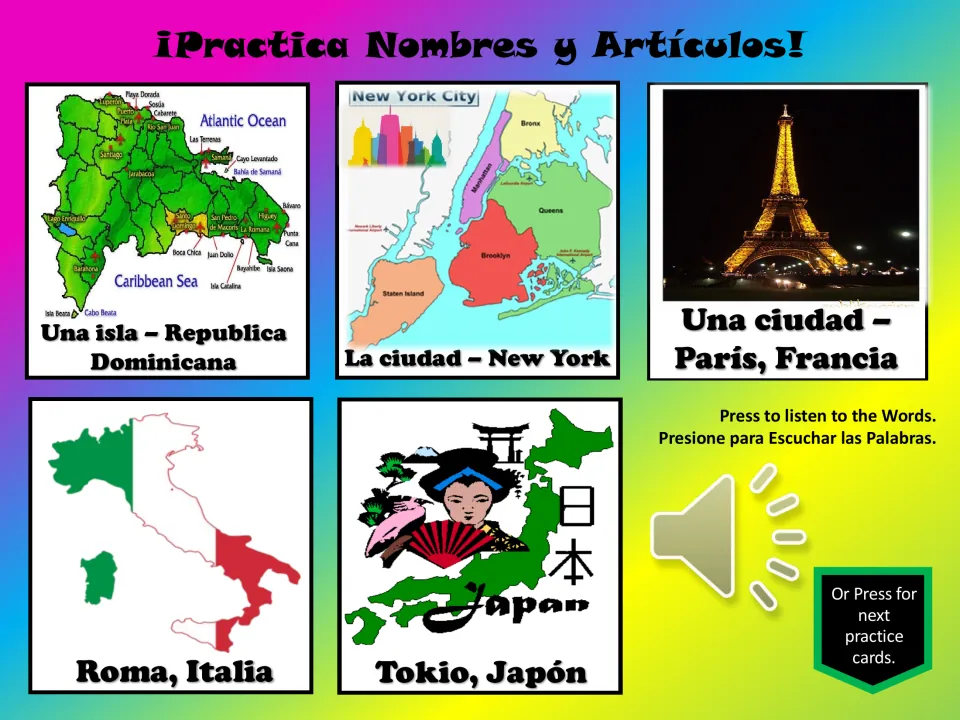 Five Spanish place practice cards: Dominican Republic, New York, Paris, Rome, and Tokyo, with maps and pictures