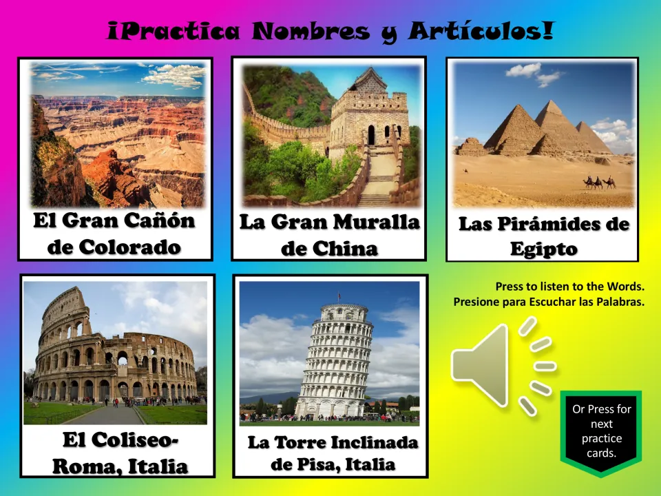 Five Spanish landmark practice cards show the Grand Canyon, Great Wall, Egyptian pyramids, Colosseum, and Pisa