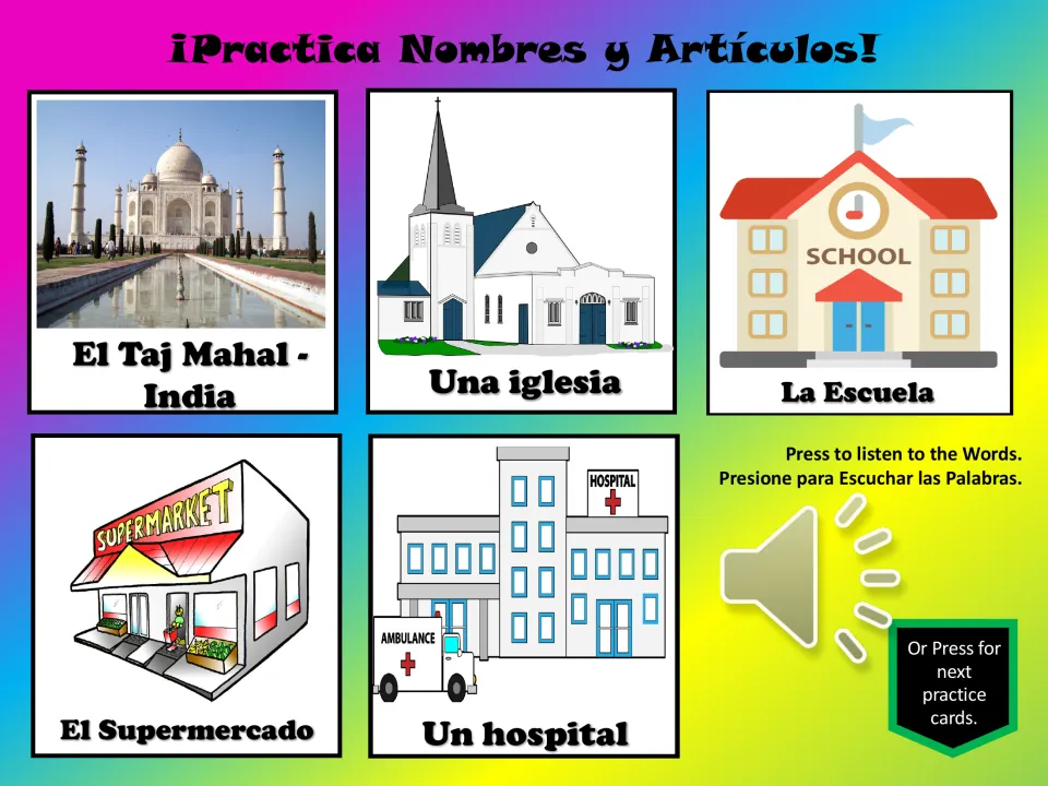 Five Spanish practice cards: Taj Mahal, una iglesia (a church), la escuela (the school), supermarket, hospital