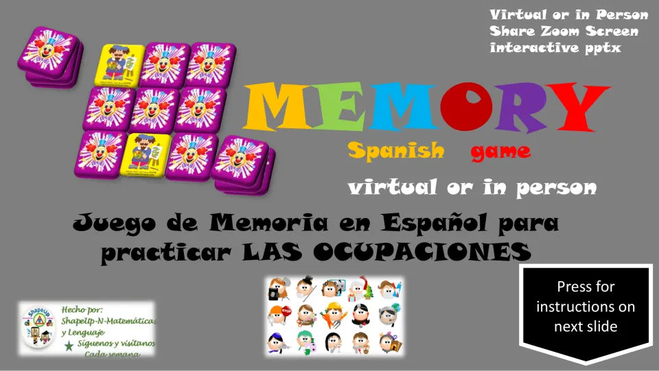 Cover of a Spanish occupations memory game for virtual or in-person play using an interactive PowerPoint