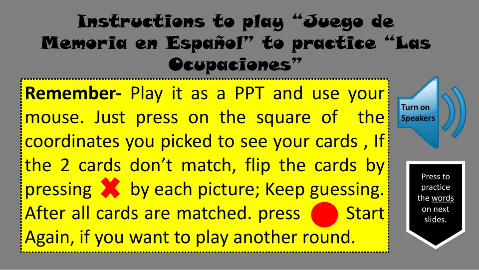 Memory game instructions: click to reveal cards, use X to hide mismatches, and press Start Again to replay