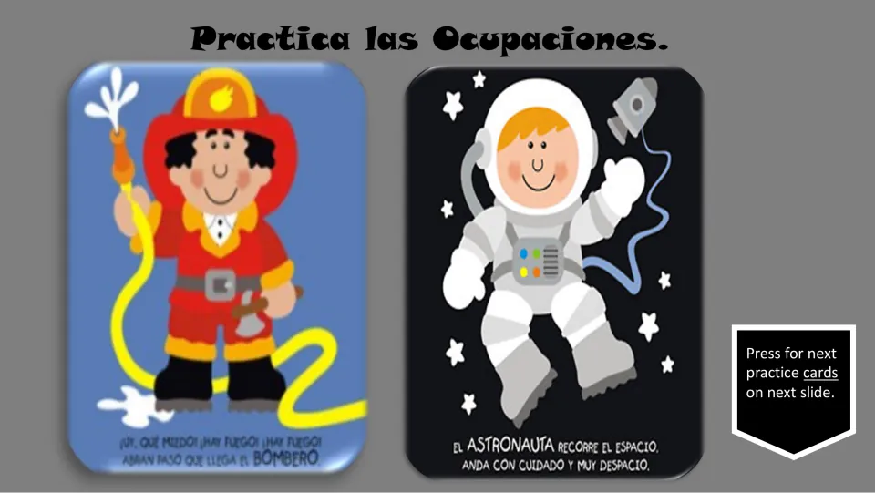 Spanish occupation practice cards 1–2: bombero (firefighter) and astronauta (astronaut), with short verses