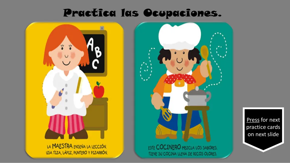 Spanish occupation practice cards 3–4: maestra (teacher) and cocinero (cook), with illustrated verses