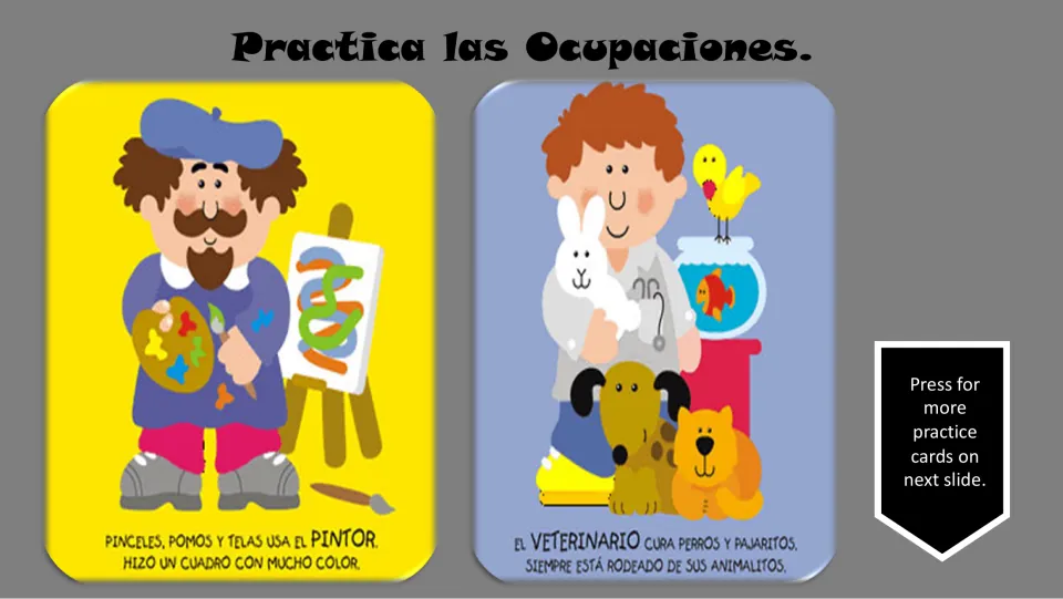 Spanish occupation practice cards 5–6: pintor (painter) and veterinario (veterinarian), with short verses
