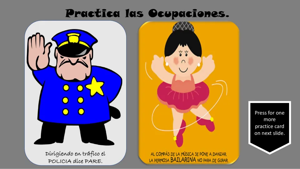 Spanish occupation practice cards 7–8: policía (police officer) and bailarina (ballerina), with captions