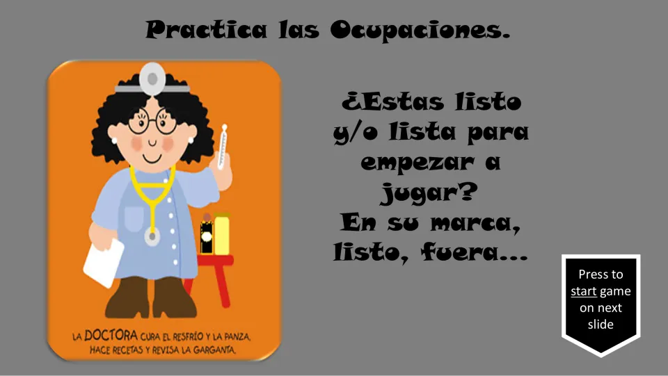 Spanish occupation practice card 9: doctora (doctor), with a verse and a prompt to begin the memory game