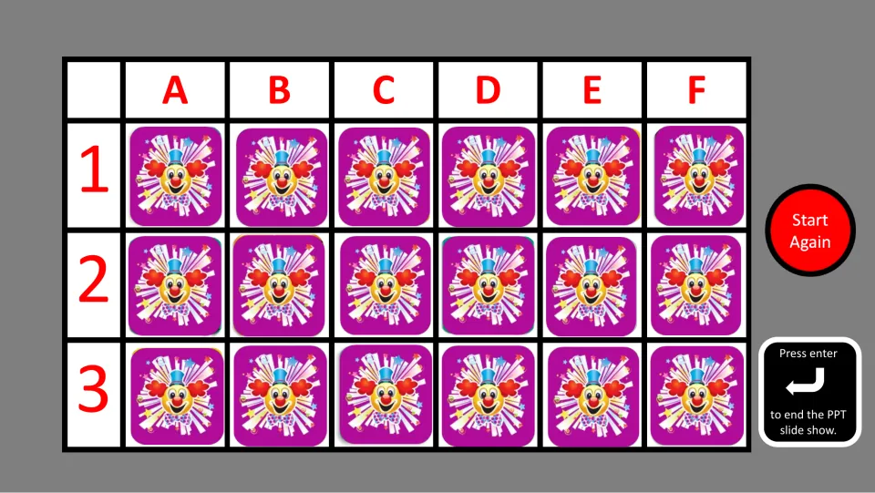 Spanish occupations memory game board with 18 hidden cards, coordinates A–F and 1–3, and Start Again