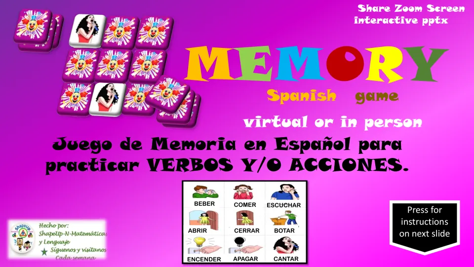 Spanish verb memory game cover introducing an interactive PowerPoint for virtual or in-person play
