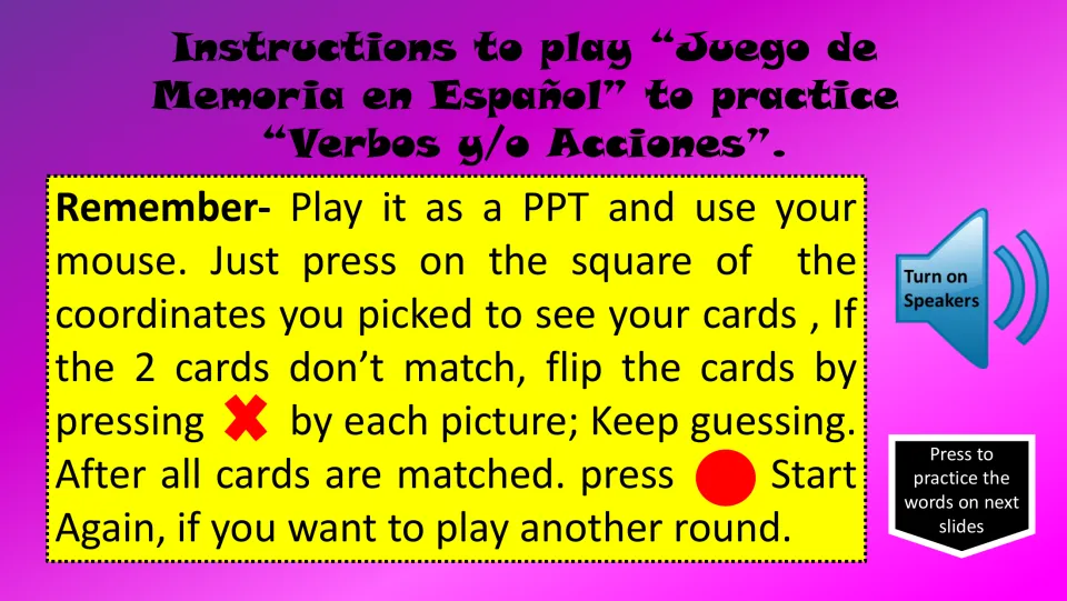 Memory game instructions: click to reveal cards, close unmatched pairs with X, and press Start Again to replay