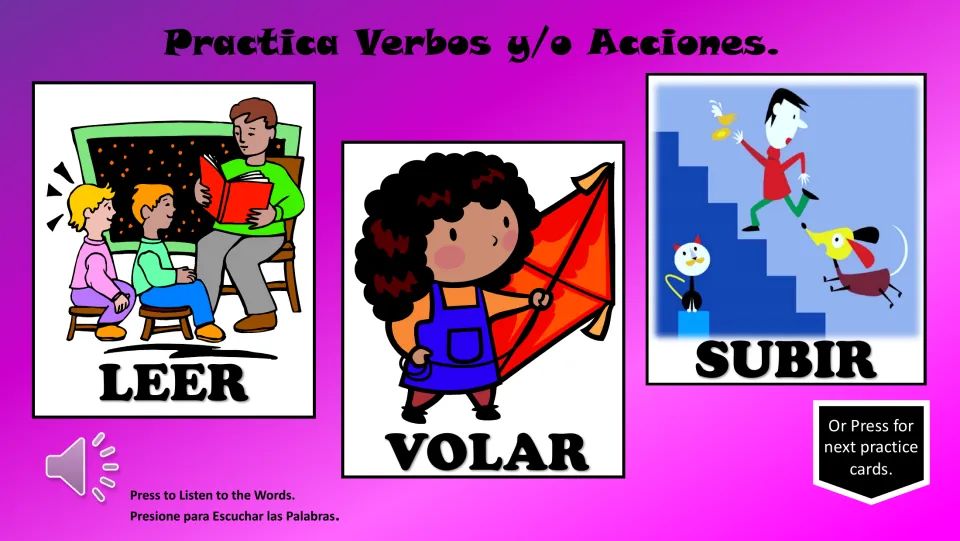 Spanish verb practice cards: leer (read), volar (fly), and subir (go up), with a button to hear the words