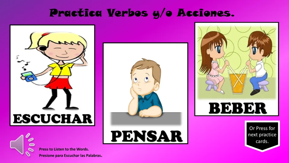 Spanish verb practice cards: escuchar (listen), pensar (think), and beber (drink), with illustrated actions