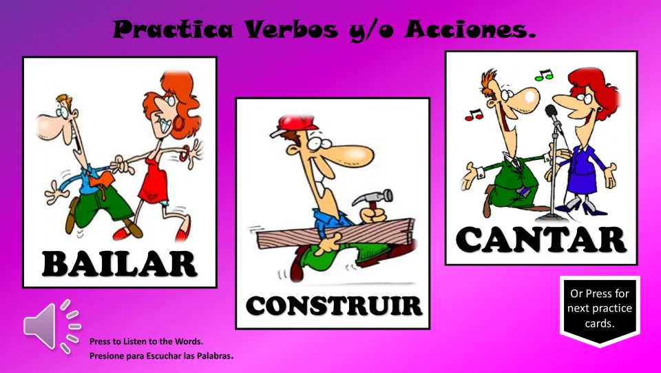Spanish verb practice cards: bailar (dance), construir (build), and cantar (sing), with illustrated actions